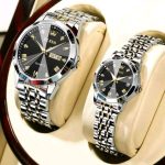 OLEVS 9989 Luxury Water Resistant-Silver black Couple Watch - Image 2