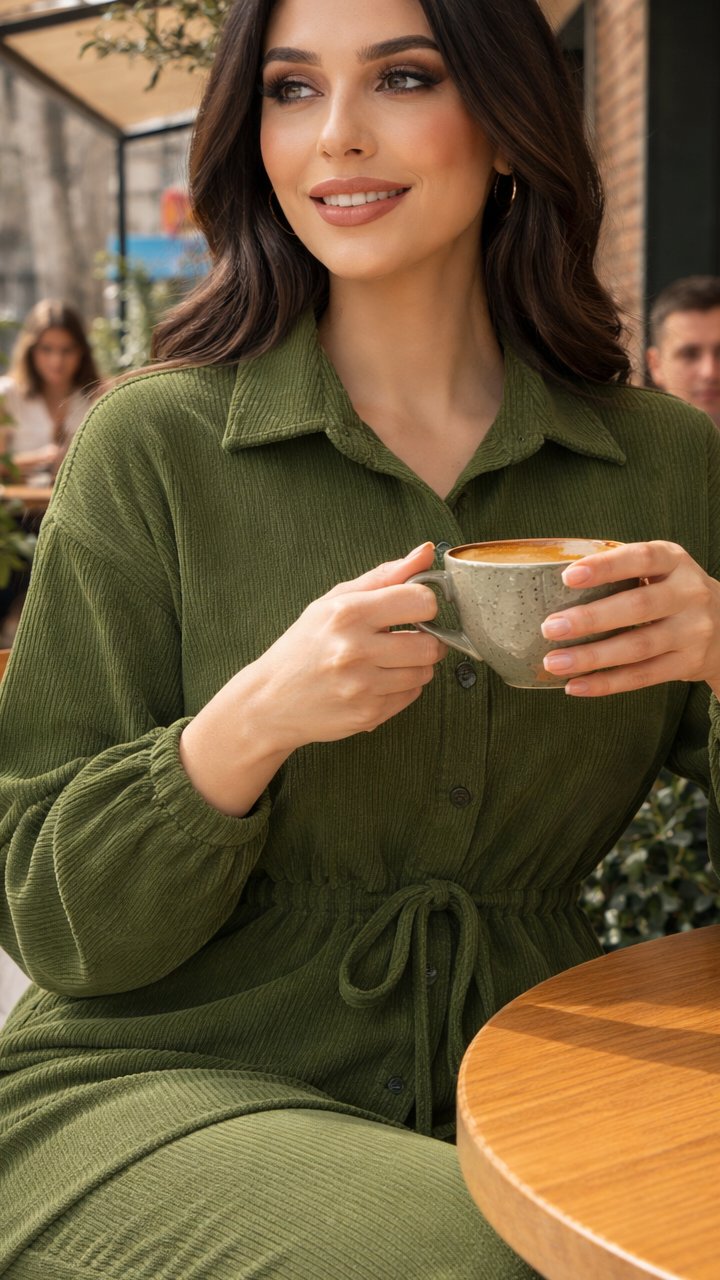 Olive Corduroy Button-Down Shirt & Trousers Set