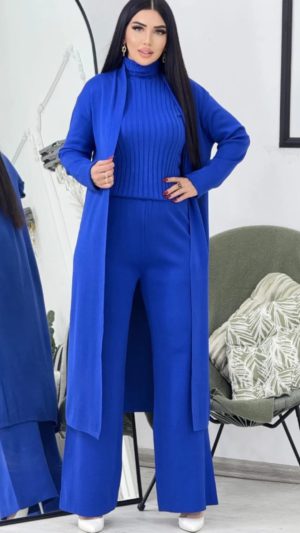 Chic 3-Piece Knitwear Set - Blue Turtleneck Top, Wide-Leg Pants & Long Cardigan